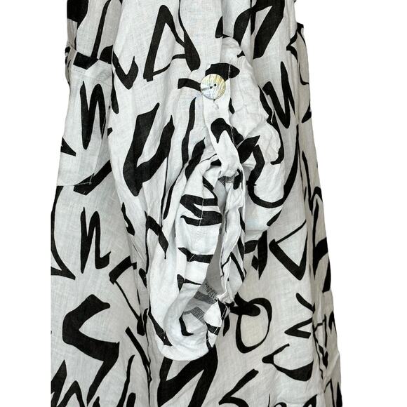 Women's White Linen Shirt Button Up Size M Black Script Made in Italy - Picture 3 of 4